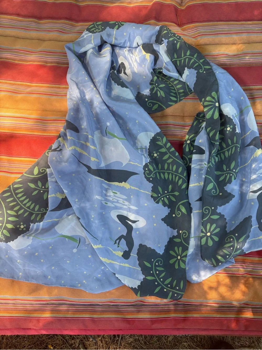 Sky Blue Scarf with Mermaid & Whale Silhouettes and Green Leaf Borders